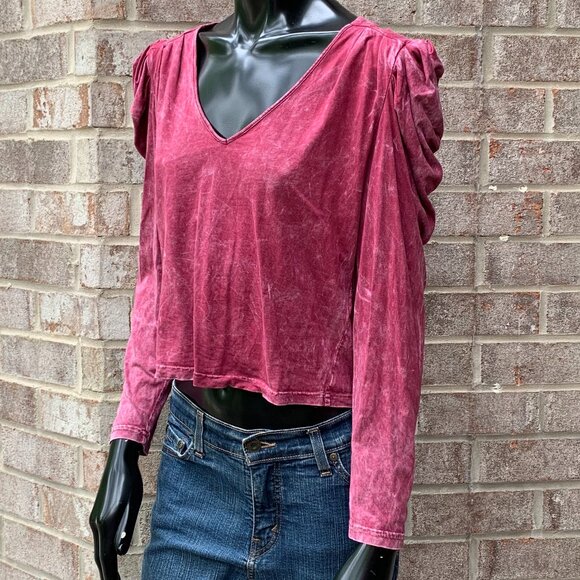 7 For All Mankind Puff Shoulder V-Neck Long Sleeve Stone Washed Cropped Top Sz S - Picture 2 of 12